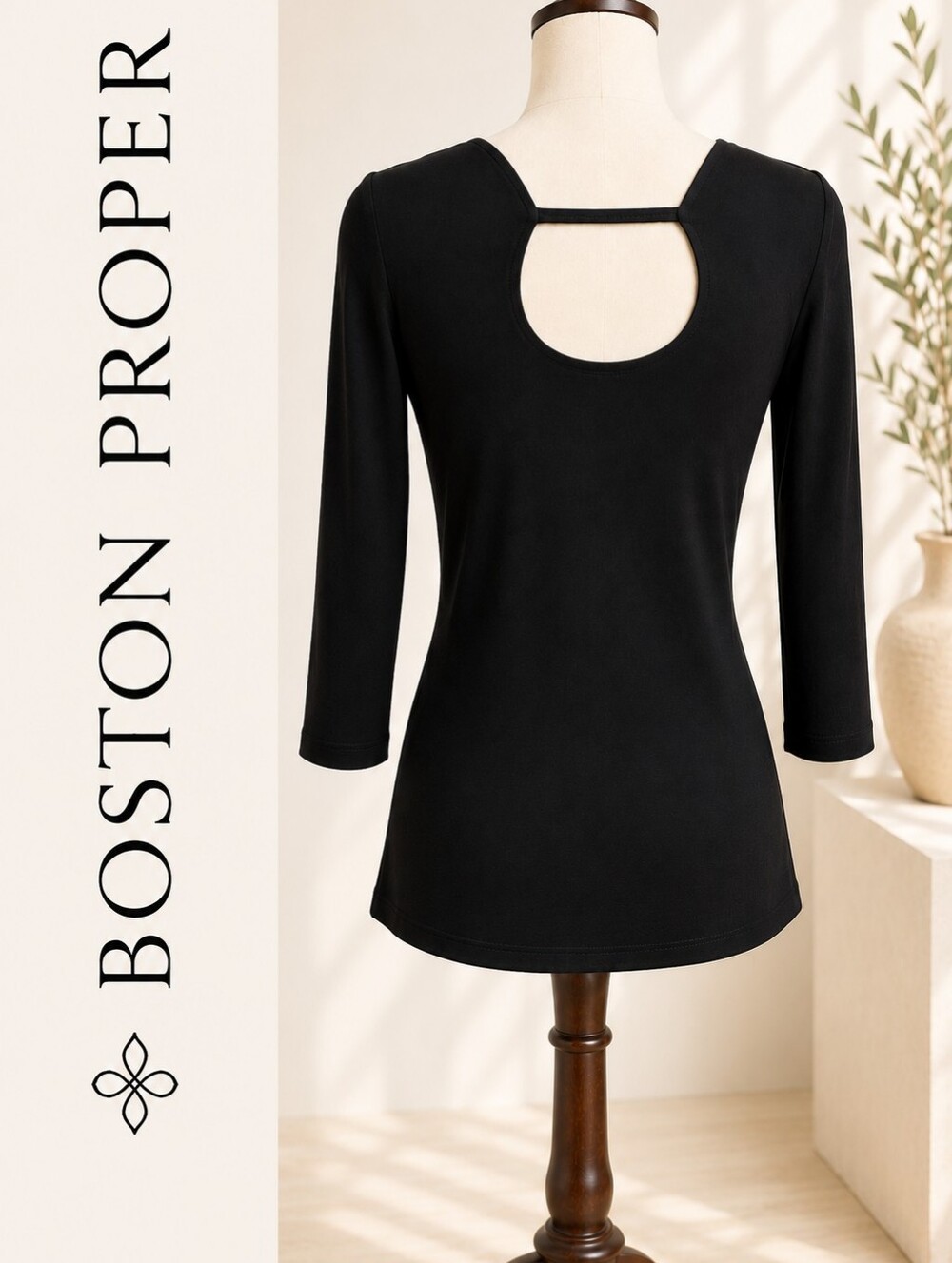 Boston proper black keyhole neck, 3/4 sleeve top / woman's Medium